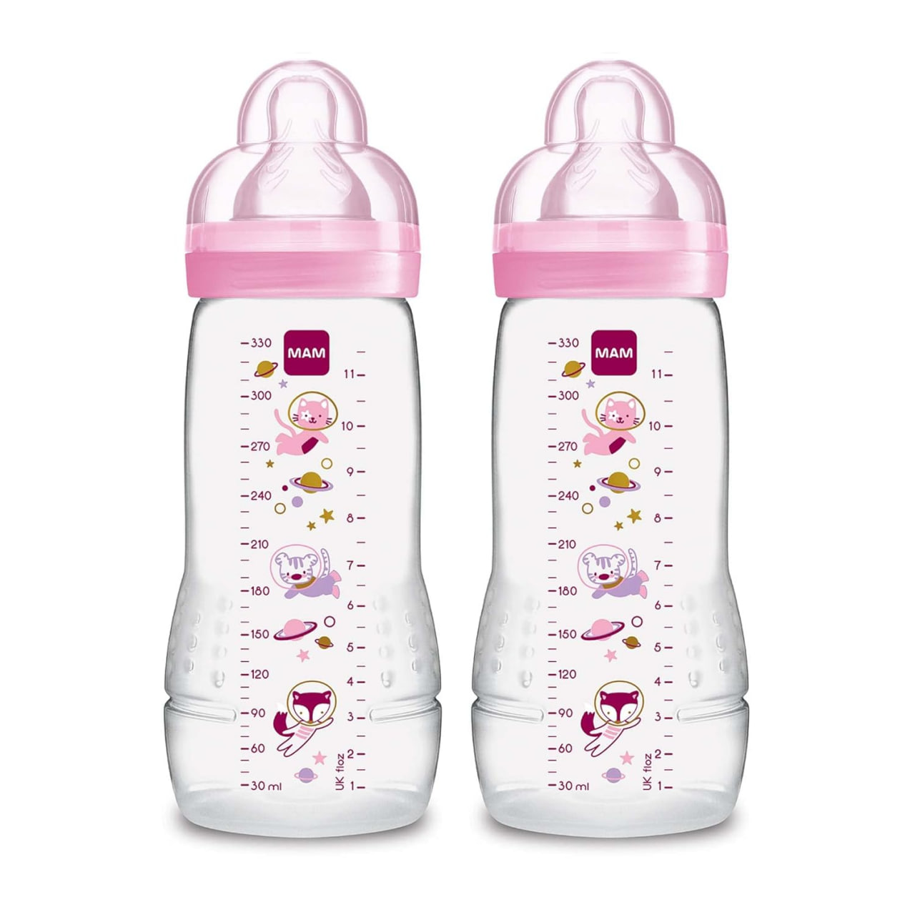 MAM Easy Active 婴儿奶瓶 11 盎司，快速流量，亲肤硅胶奶嘴，宽口人体工学设计，易于握持，不含 BPA，配有防漏瓶盖，适合 4 个月以上的宝宝